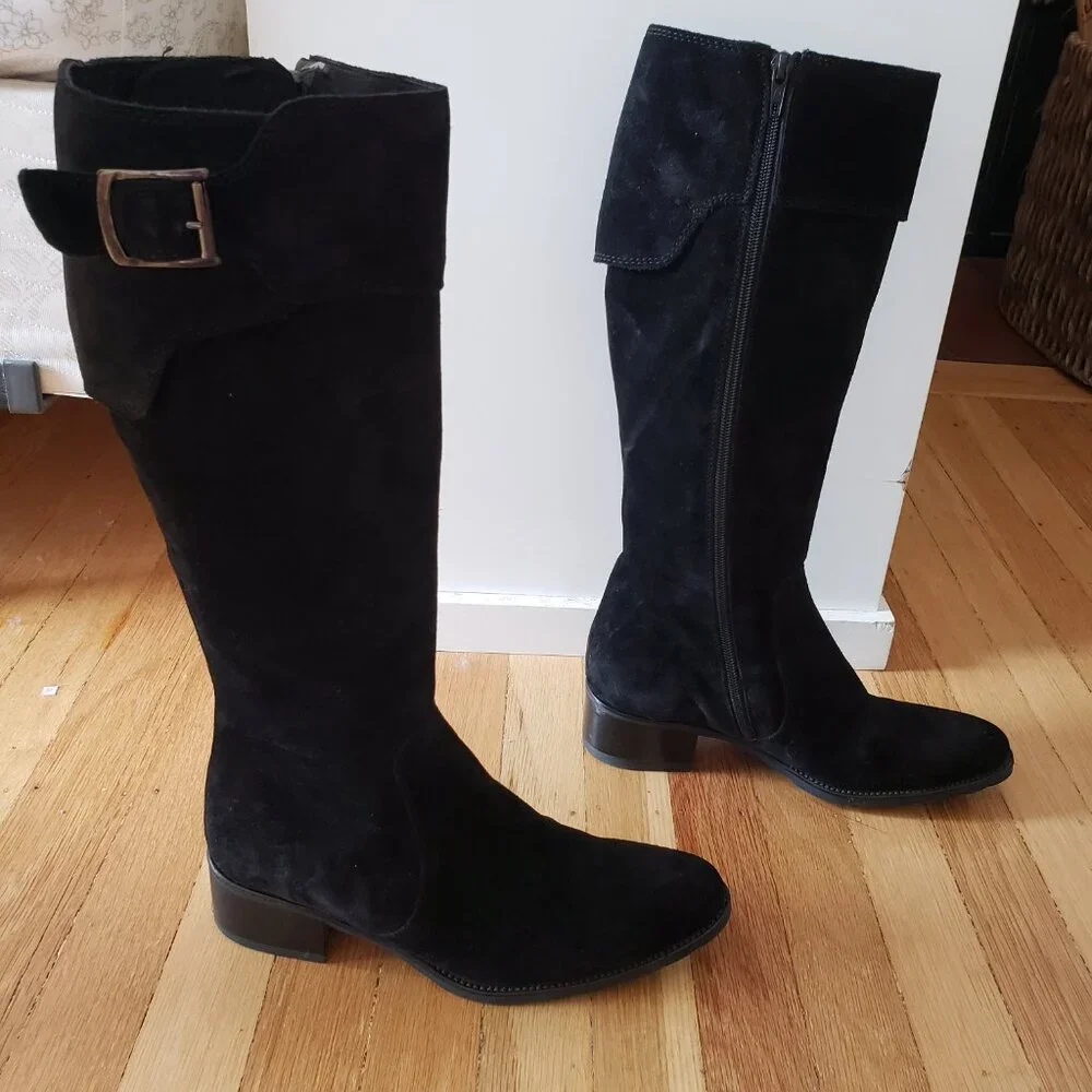 Barneys NY Women's Tall Black Suede Boots Buckle Size 7 - Picture 2 of 13